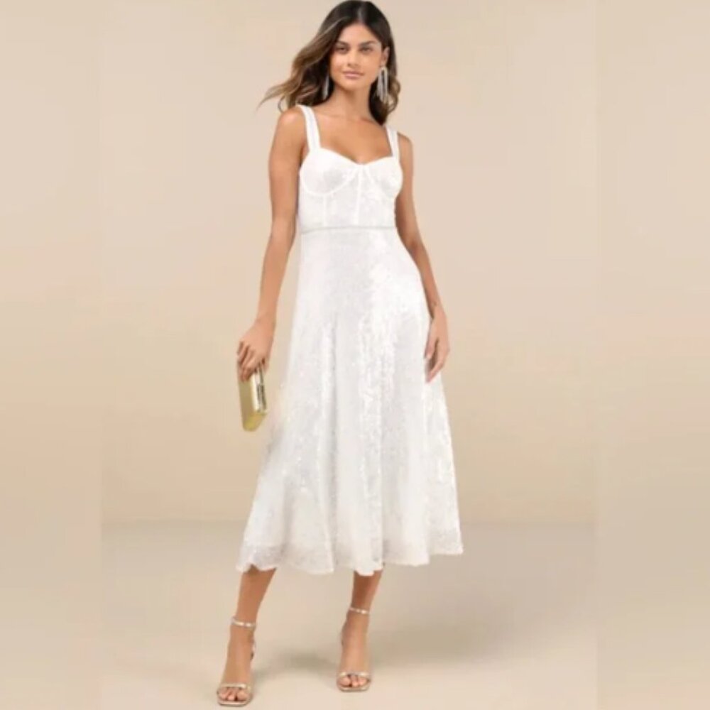 Glamorous White Sequin Pearl Bustier Midi dress
